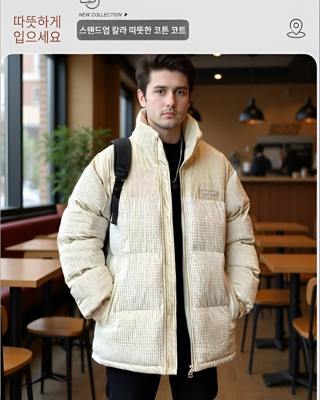 커플 겨울 기모 패딩 착용 남녀 모델