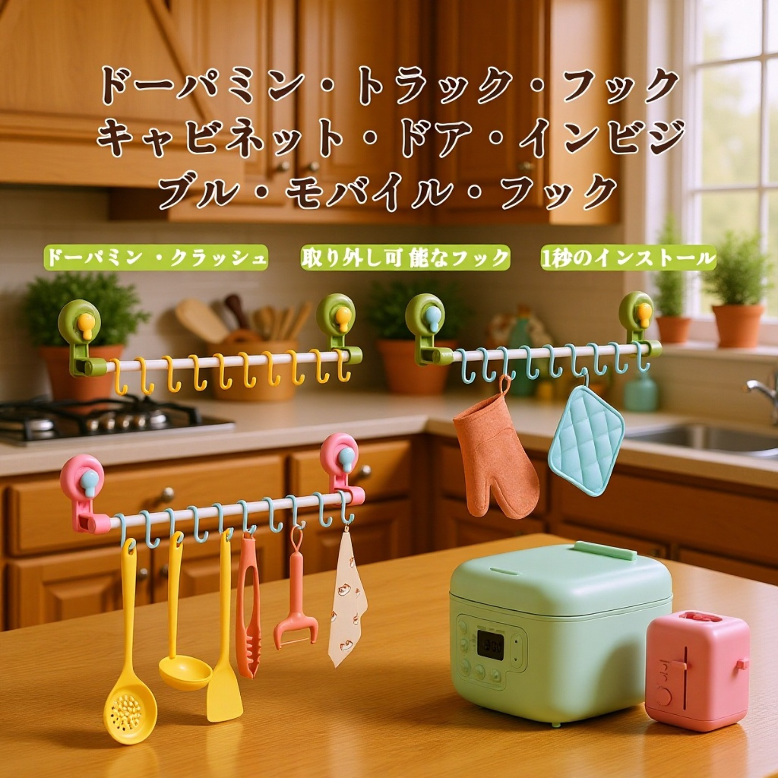 可動式吸盤フック キッチン収納例