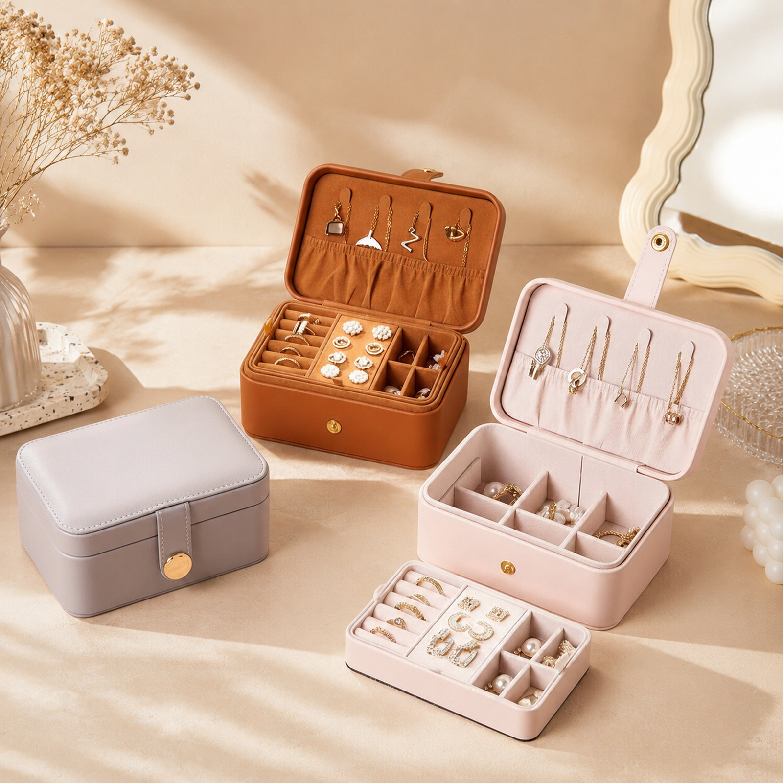 Portable Double-Layer Leather Jewelry Organizer closed view