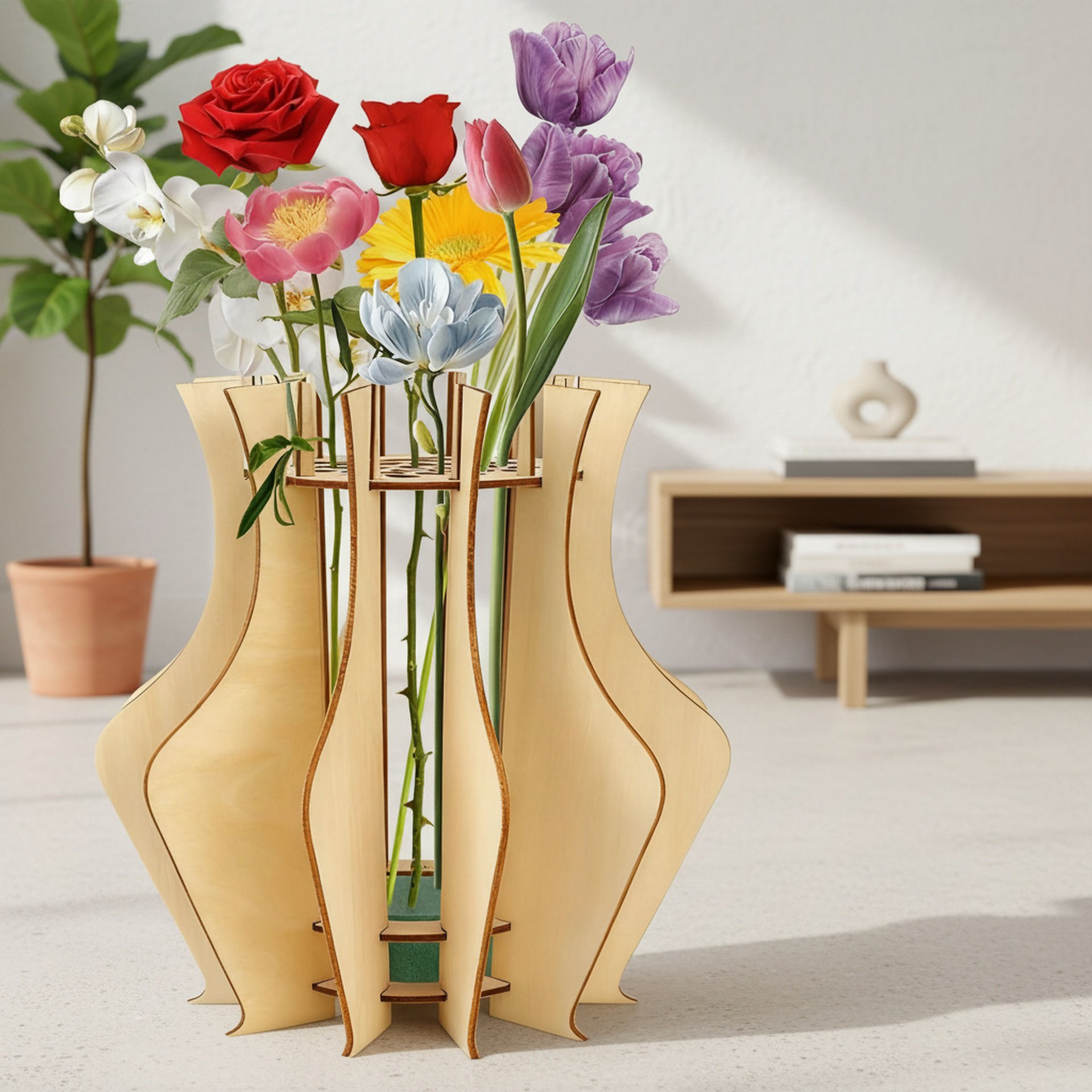 Stylish wooden vase stand with decorative flowers