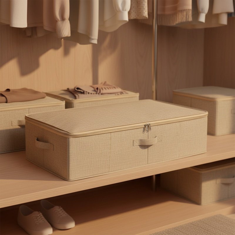 Under-bed storage box, foldable transparent fabric cover, for storing blankets, clothes, shoes, and 