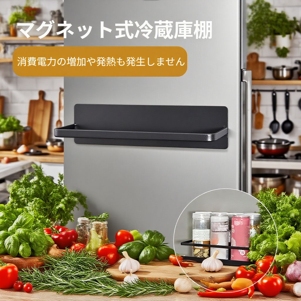 冷蔵庫用マグネット収納ラック キッチン用品掛け棚 壁穴不要