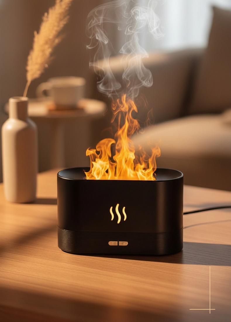Dispositivo de humidificación con diseño elegante y efecto llama realista