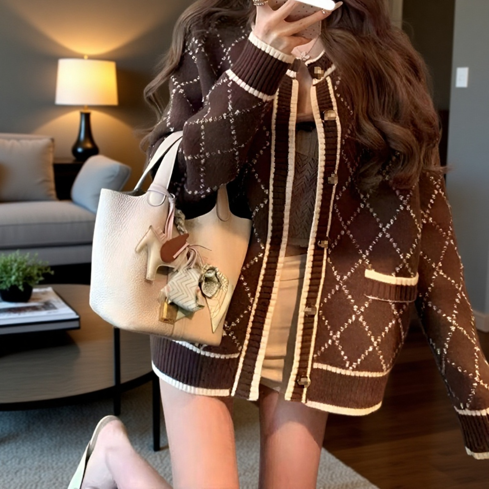 デザイン感のある女性用ニットカーディガン、ゆったりとした小衆スタイル