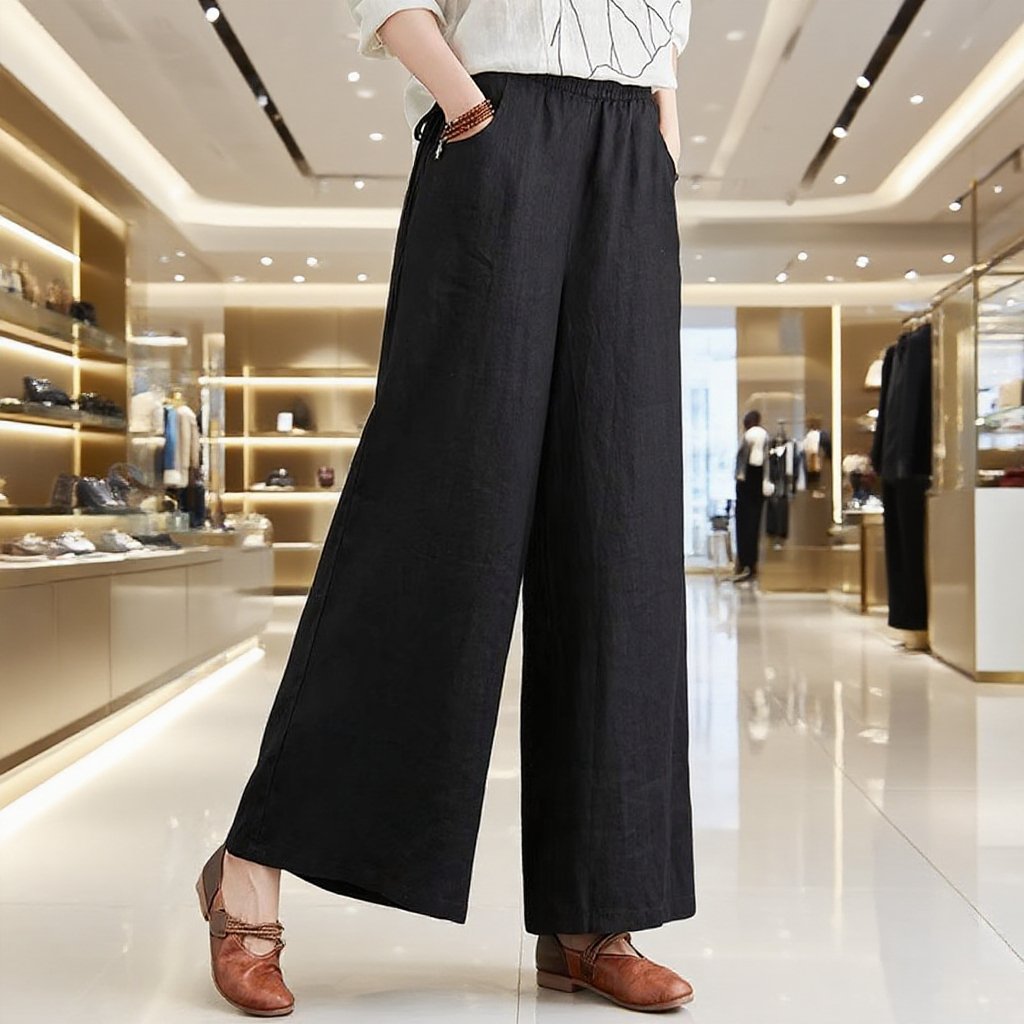 하이웨스트 캐주얼 와이드 팬츠 드롭 와이드 린넨 와이드 팬츠녀