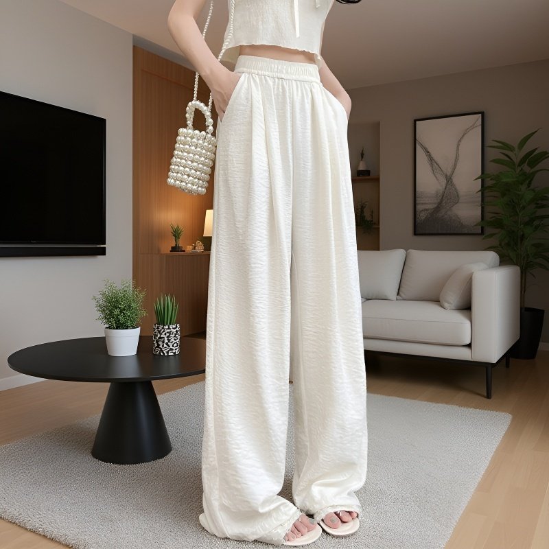 クリームムースヤマモト パンツ レディース 夏 カジュアル 多用途 ドレープ クリーム パンツ テクスチャード レイジー アイスシルク ワイドレッグパンツ