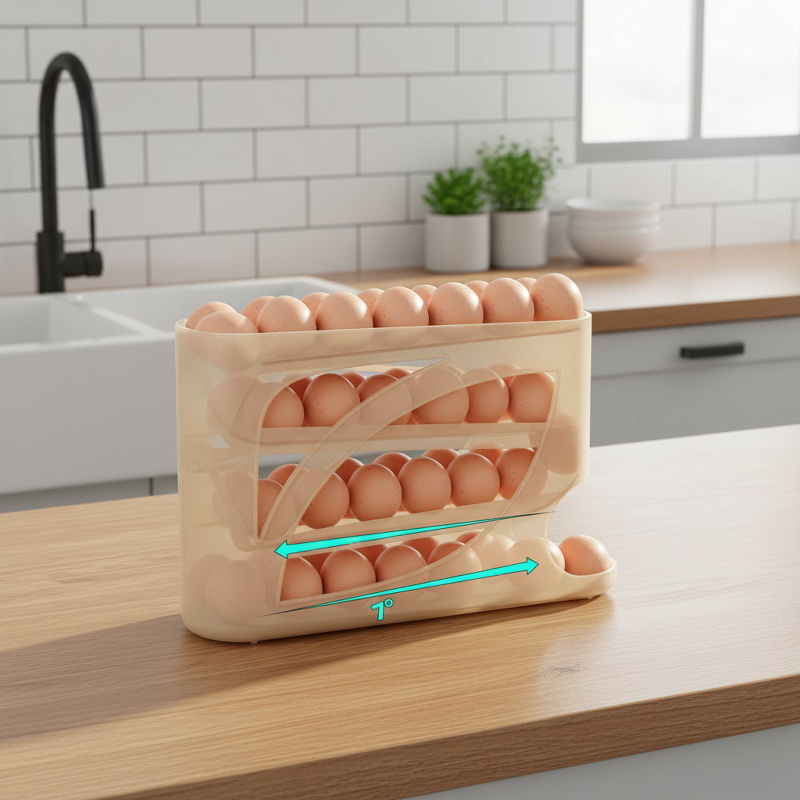 Rollendes Eierfach mit automatischem Rutschdesign, mehrlagige Eierbox für den Kühlschrank