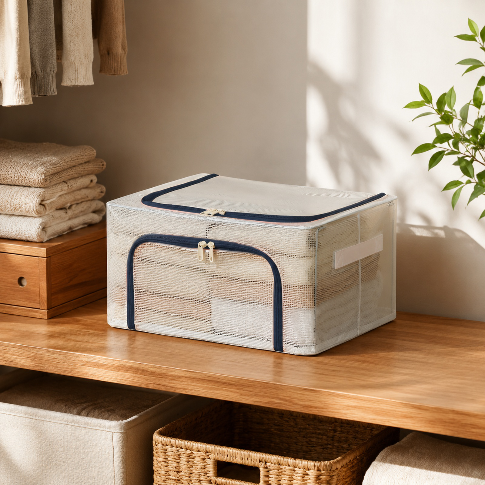 Extra thick transparent storage box for clothes with foldable flip-top