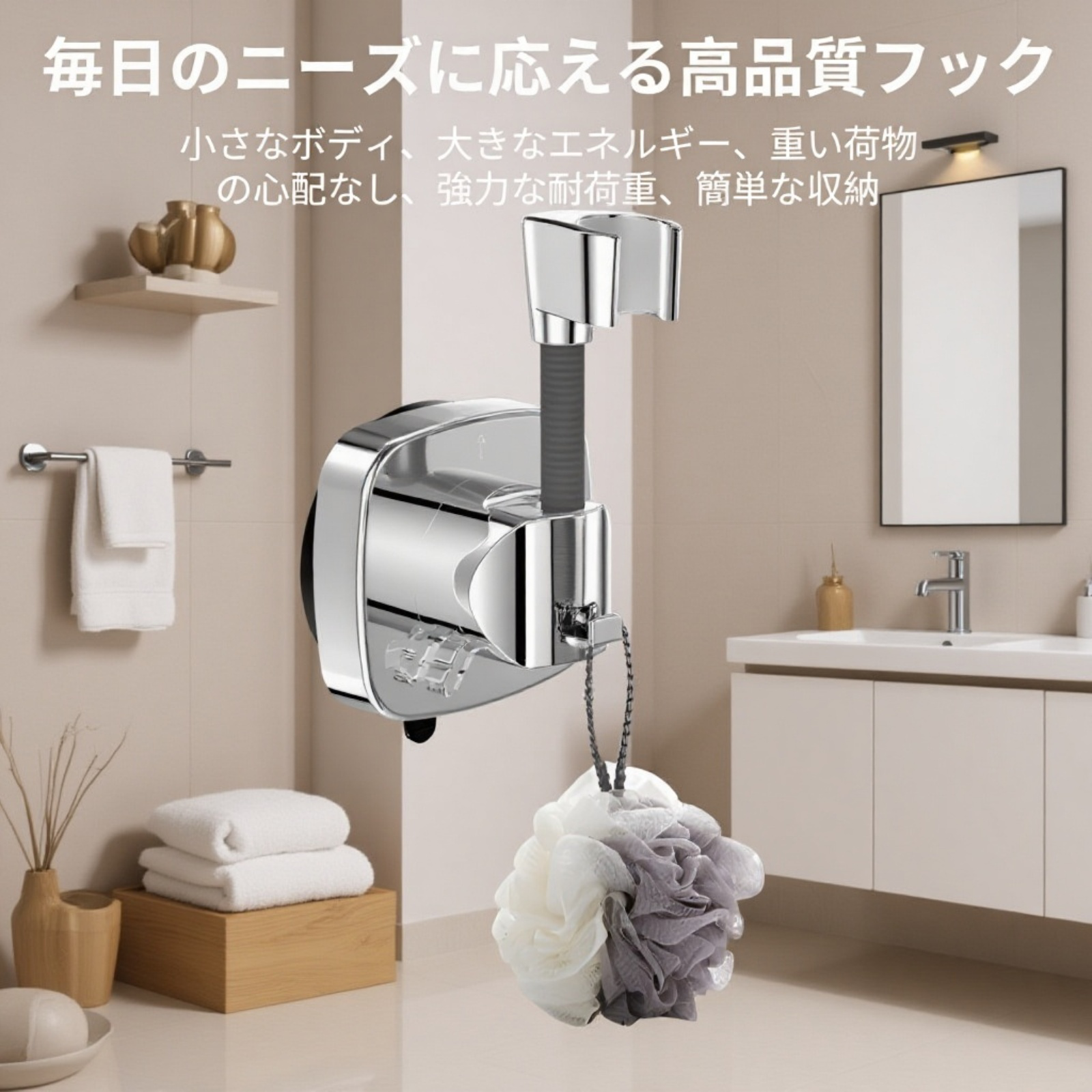 強力吸盤でしっかり固定されたシャワーブラケット