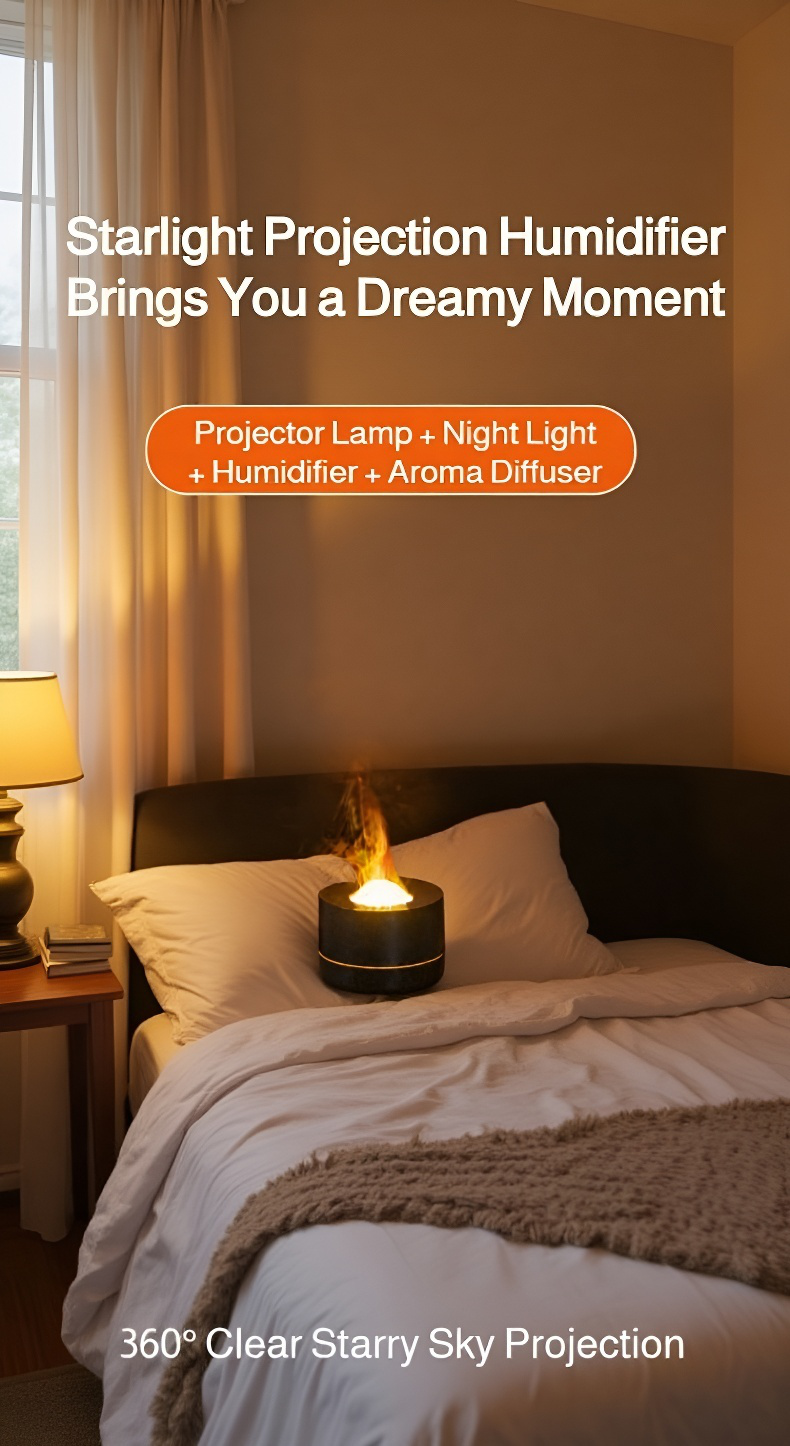 Gradient Flame Rotating Starry Sky Projection Humidifier with vivid light effects