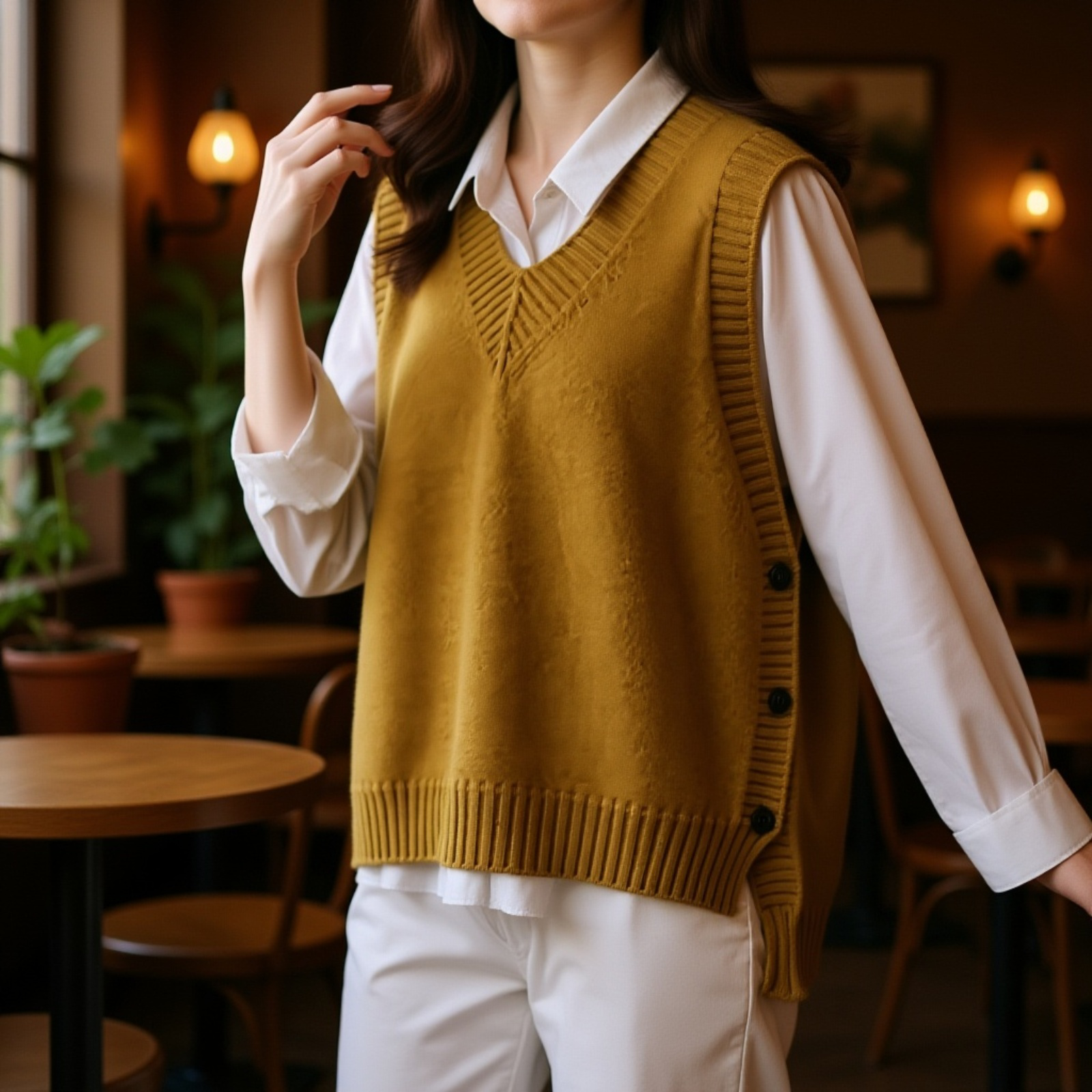 レディース ニットベスト 春秋用 ゆったりVネック 体型カバー 重ね着インナー