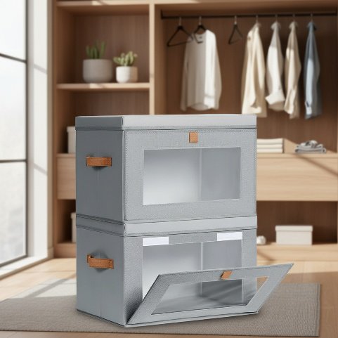 Folding Storage Box with Lid and Transparent Side Window, Wardrobe Organizer