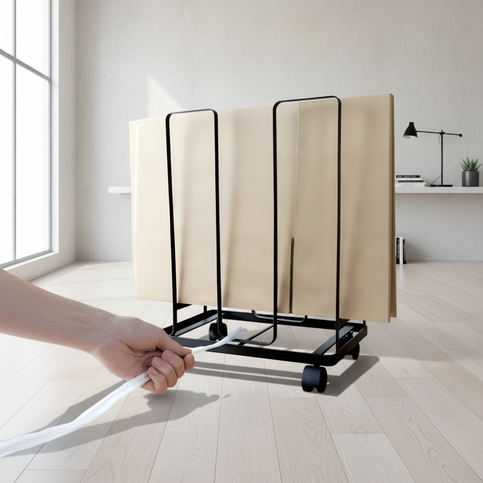 Movable Cardboard Organizer Rack in modern living room