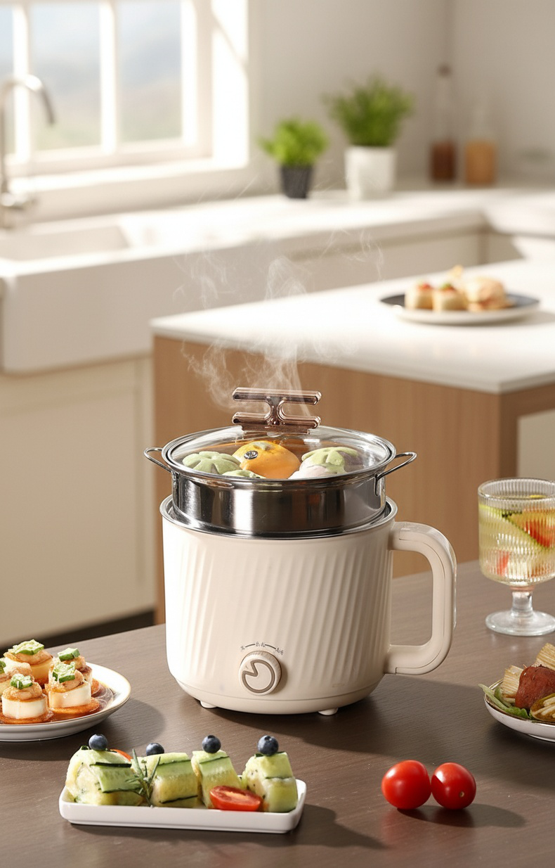 Mini hot pot électrique en acier inoxydable sur une table de dortoir