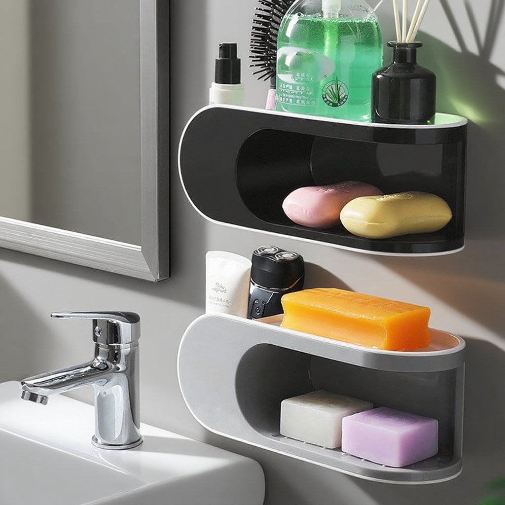 Double-Tier Punch Free Soap Holder Bathroom Wall-Mounted Drain Storage Rack