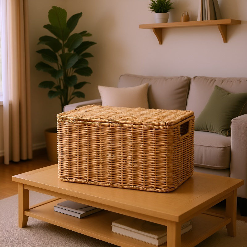 Europäische Rattan-Aufbewahrungsbox mit Deckel im Schlafzimmer