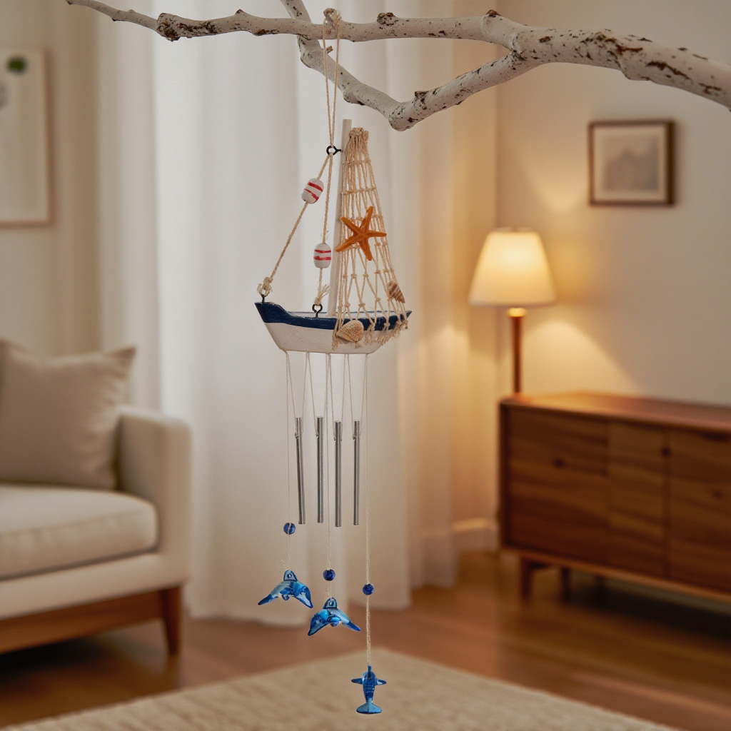 地中海風の風鈴、クリエイティブな風鈴、ボート、家庭用帆船の装飾、木製帆船模型、小型木製ボートの空中ペンダント