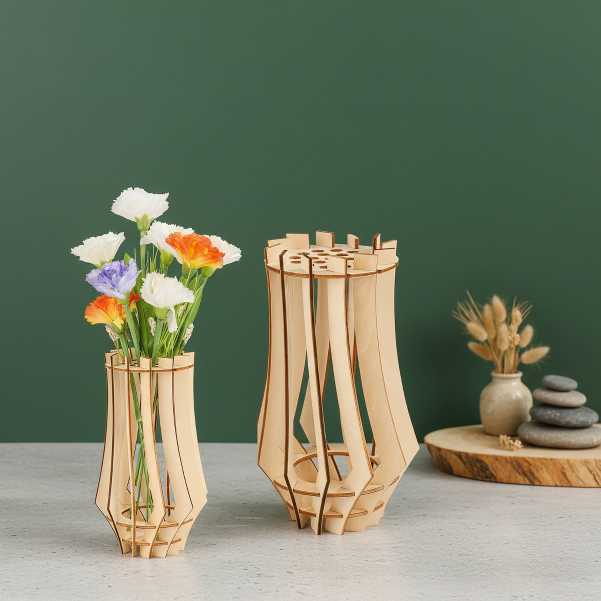 Close-up of wooden puzzle vase stand design