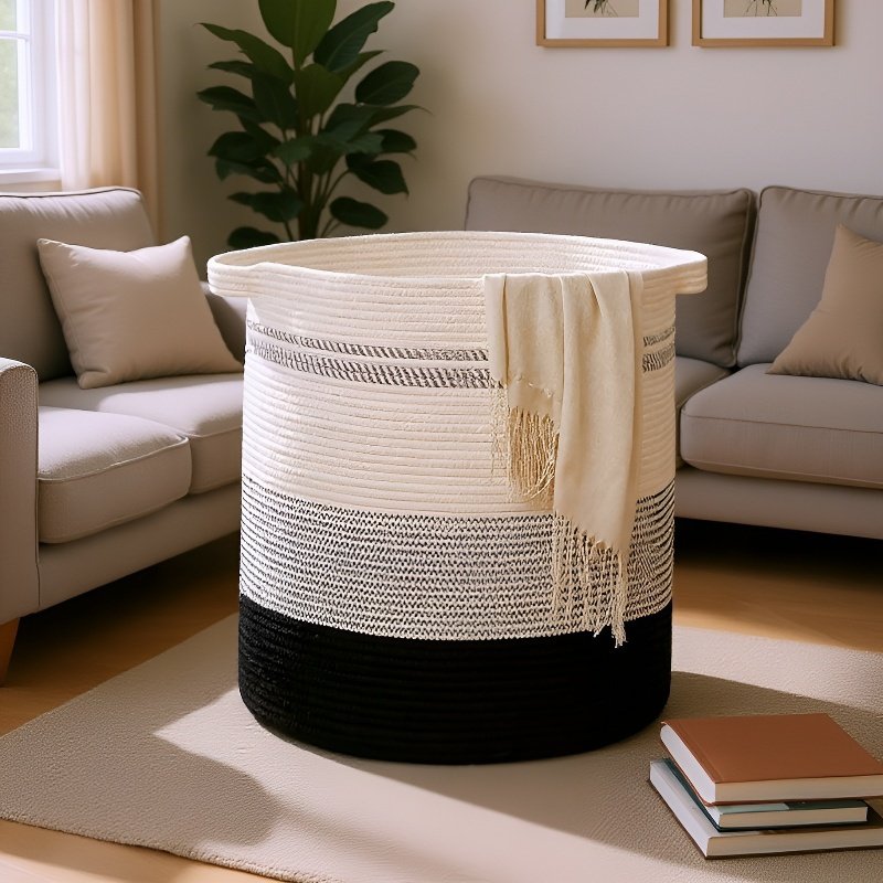  سلة تخزين منزلية منسوجة بحبل قطني لتخزين الأغراض والمجلات والوجبات الخفيف