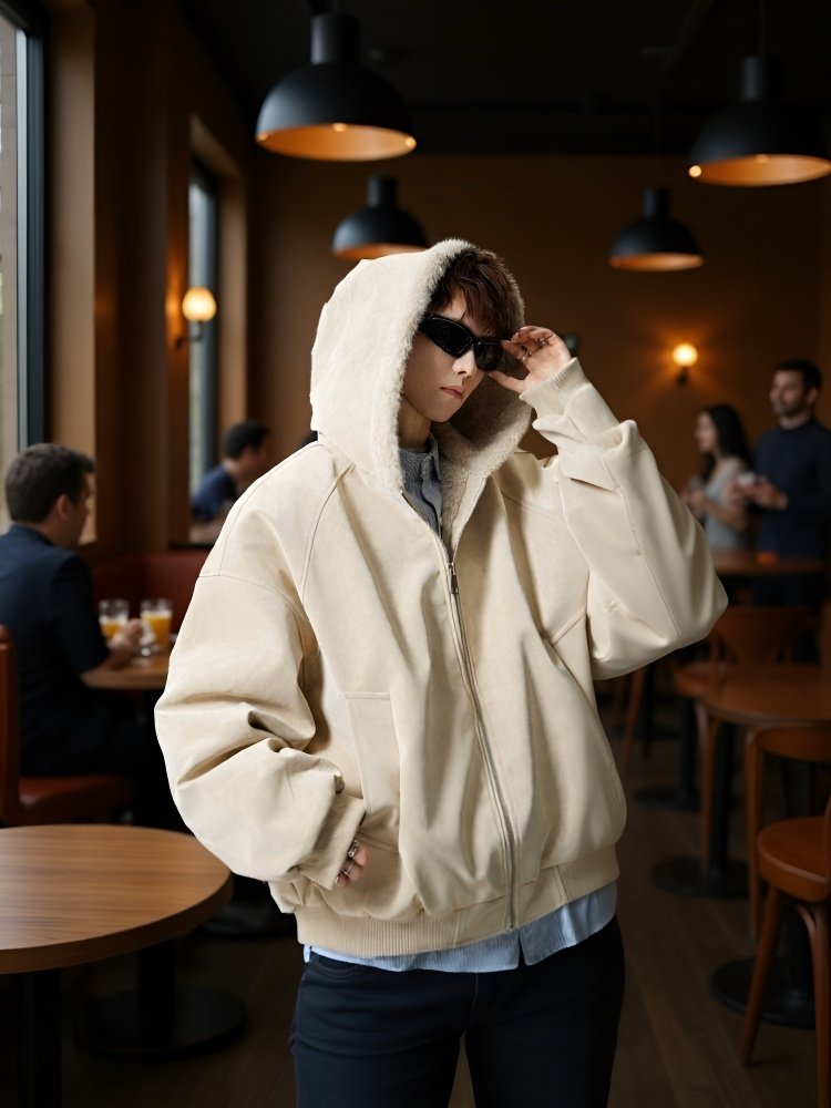 防寒性に優れたレザーコートの全身コーディネート