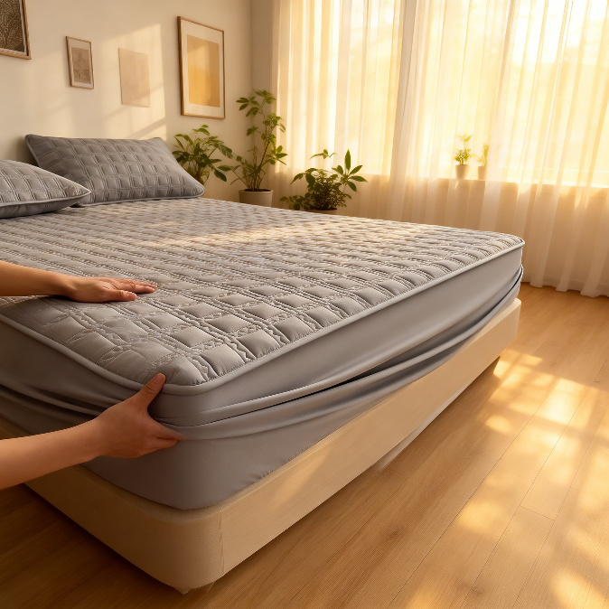 厚手キルティングフィットシーツ、一枚仕立て、様々なベッドに対応