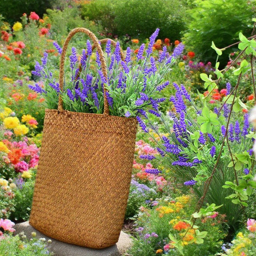  Čeřená ručně pletená taška z mořské trávy na květiny