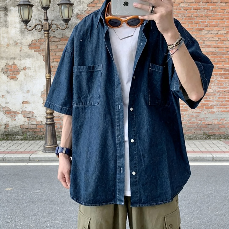 한국풍 루즈핏 커플 데님 반팔 셔츠 전체 디자인