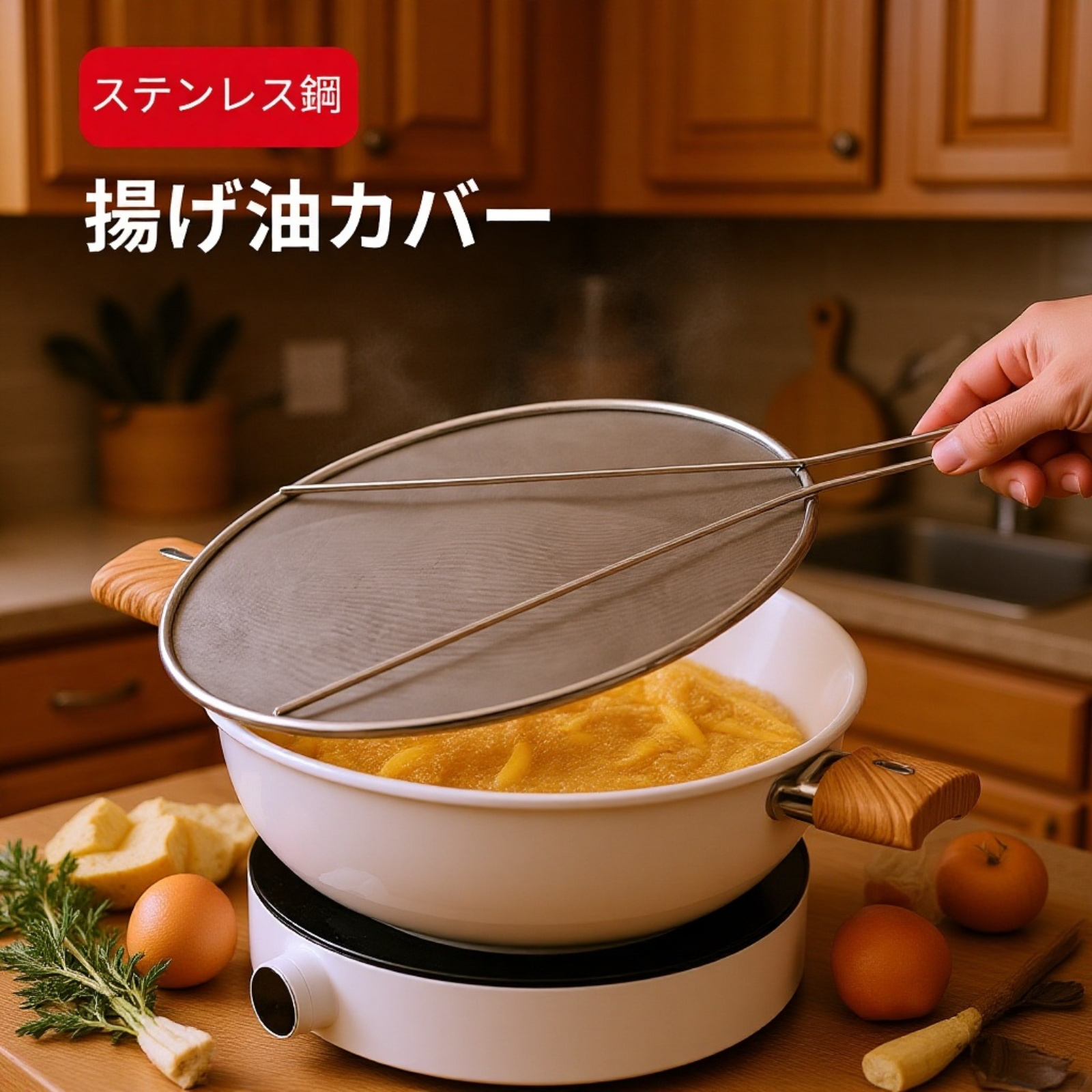 ステンレス製油はね防止ポットカバー全体画像
