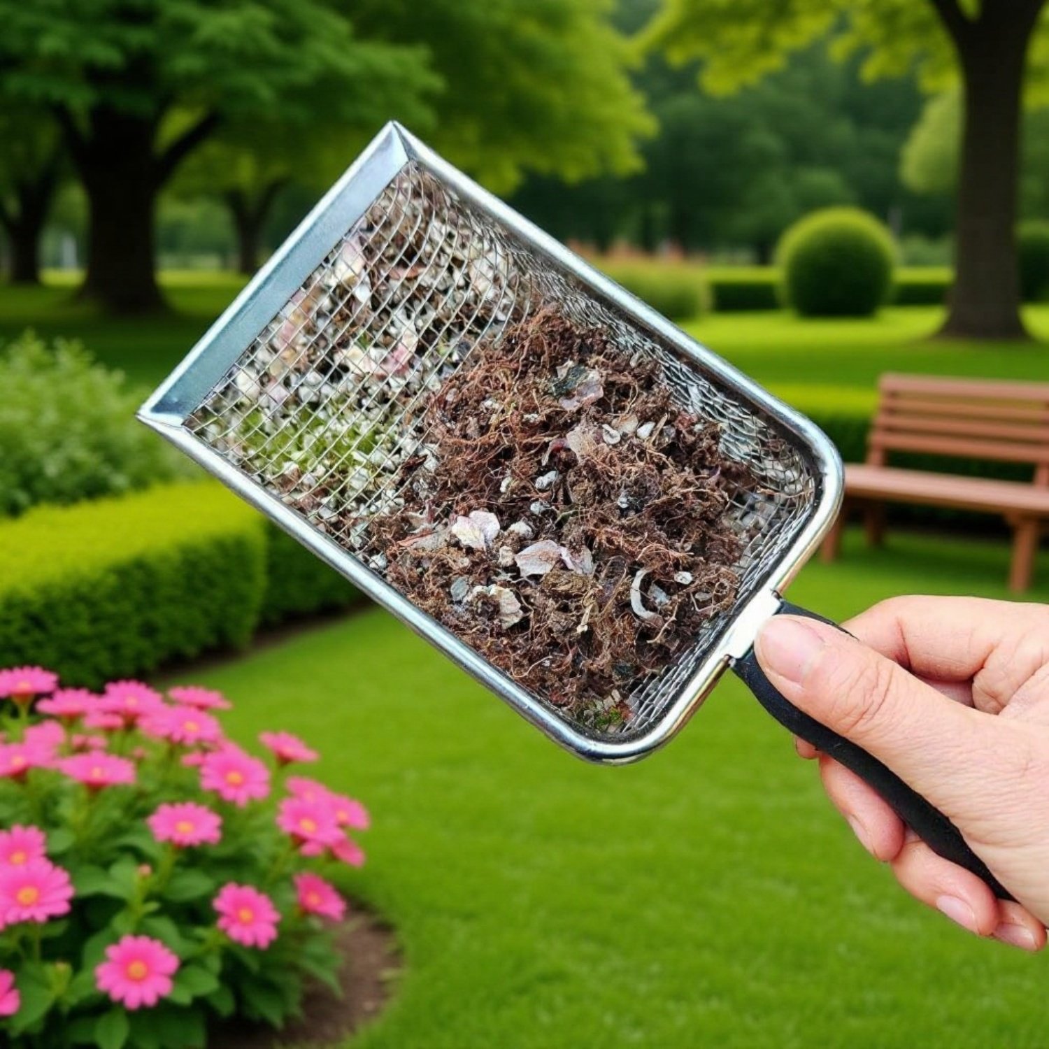 Kerti talajszita fogantyúval zöld háttér előtt