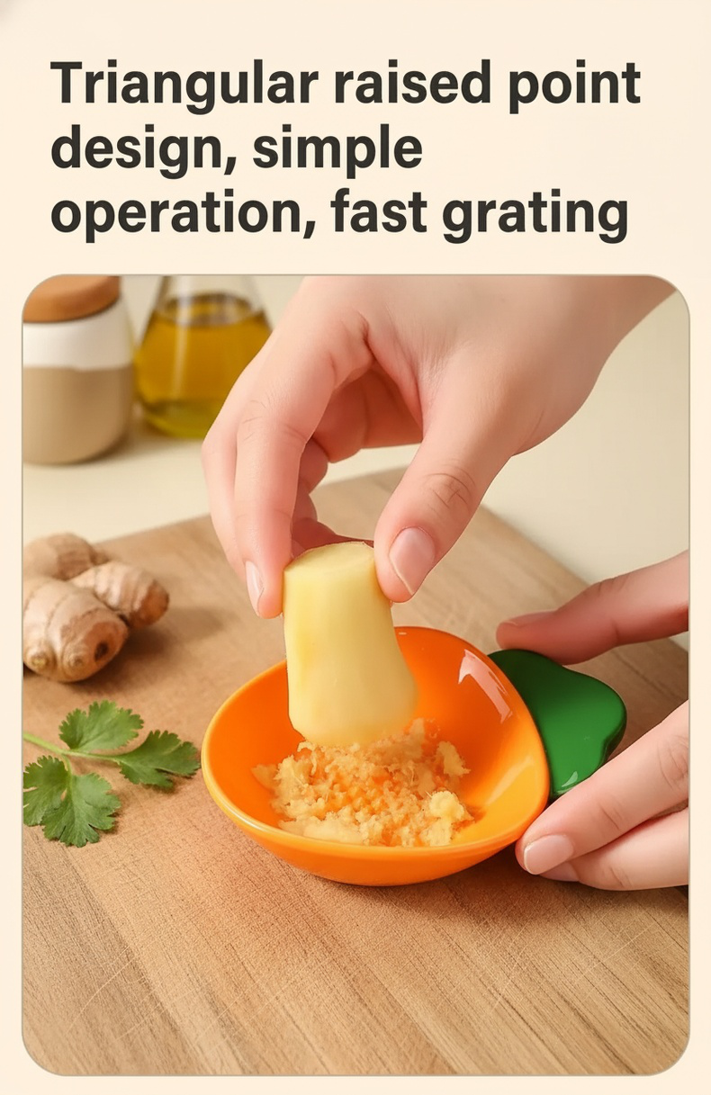 Close-up of ceramic carrot grinding dish with garlic