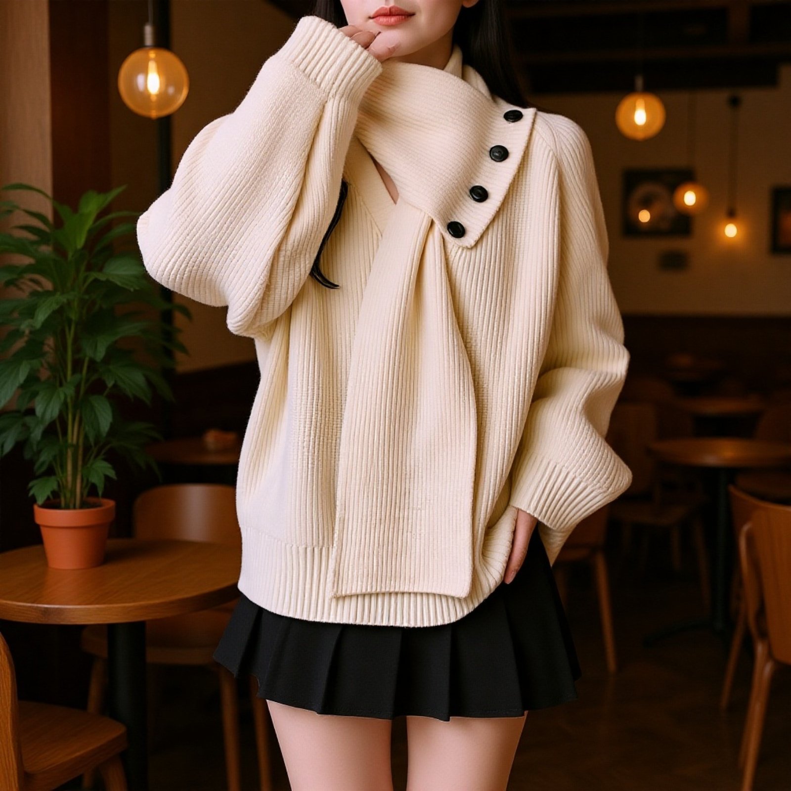 2025年新作 取り外し可能なスカーフ付きVネックセーター レディース 秋冬 ゆったりとしたハイエンドニットトップス