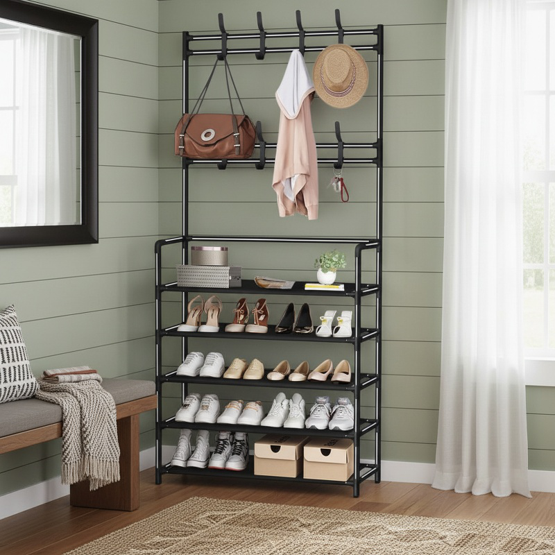 Multifunctional Simple Clothes Rack & Shoe Organizer with Door Hook