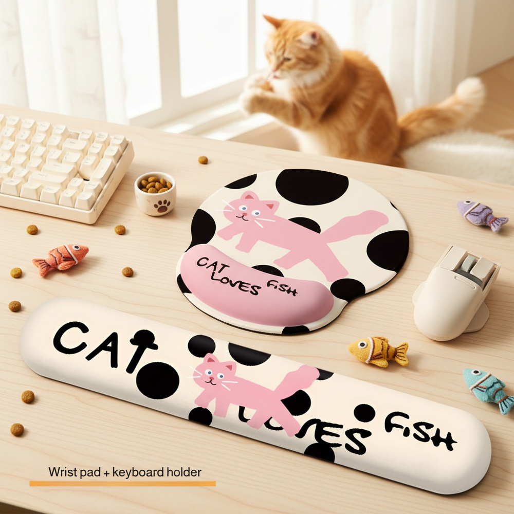 Cute Pink Cat Wrist Rest Mouse Pad & Keyboard Support, Non-slip Rubber Soft Pad