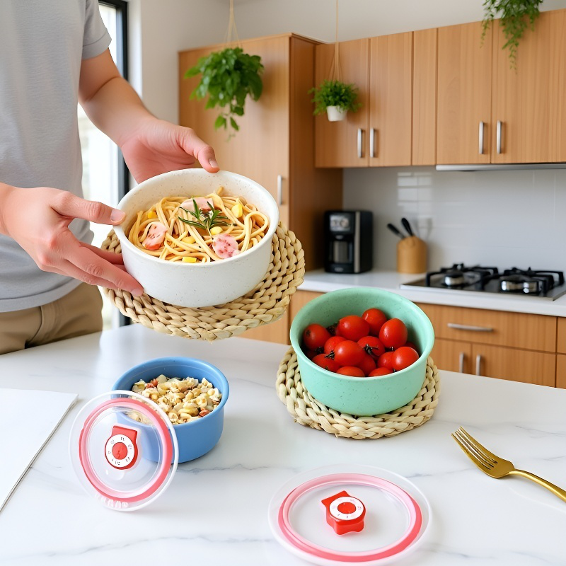 環境に優しい・耐久性抜群の電子レンジ対応麦わら食品保存容器（蓋付き）