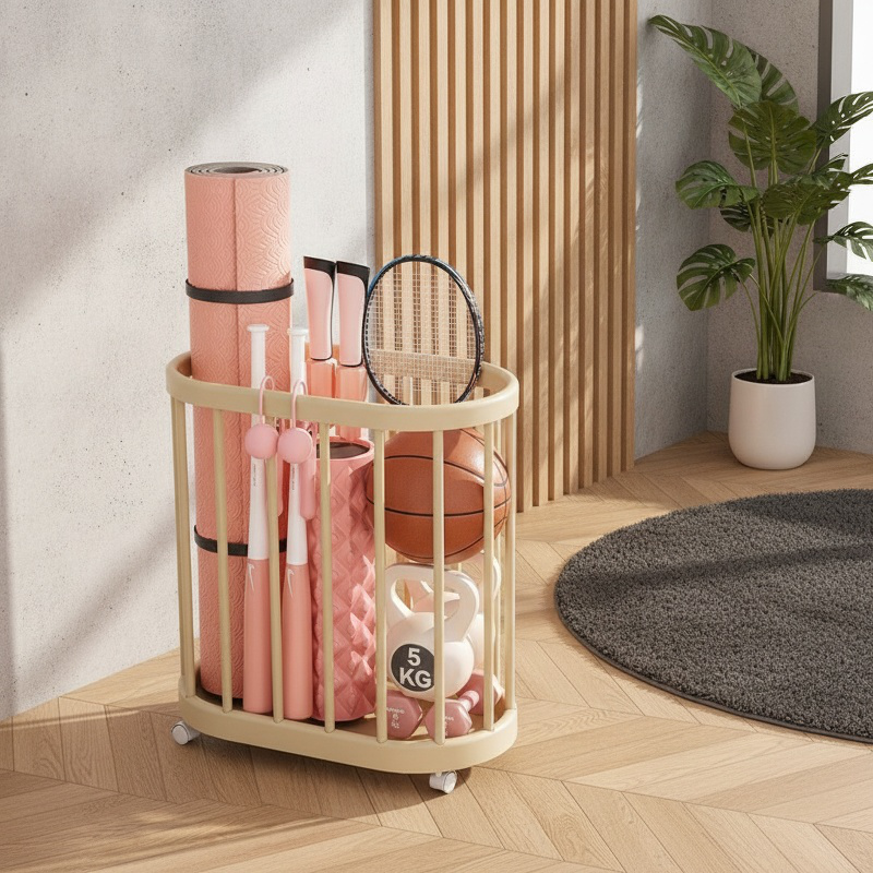 Home Fitness Equipment Storage Frame with Wheels Movable Yoga Mat Tool Storage Basket