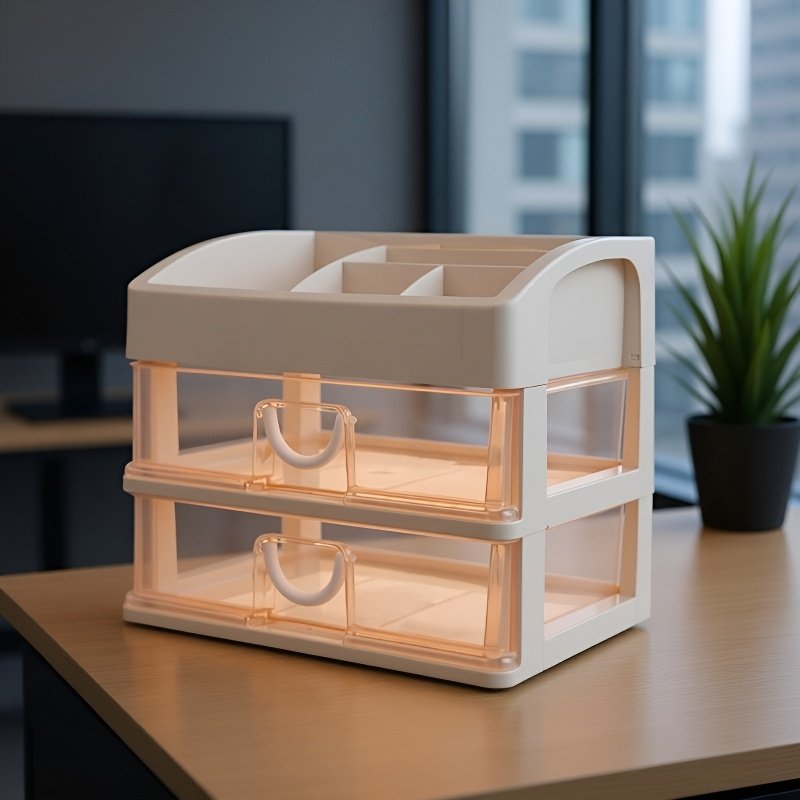 Kleine transparente Aufbewahrungsbox mit Schublade für Kosmetik und Lippenstift auf dem Schreibtisch