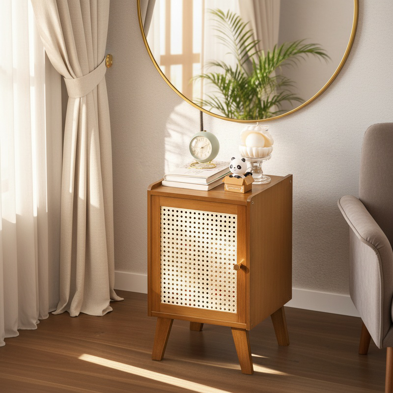 Modern bedside table rack in minimalist bedroom