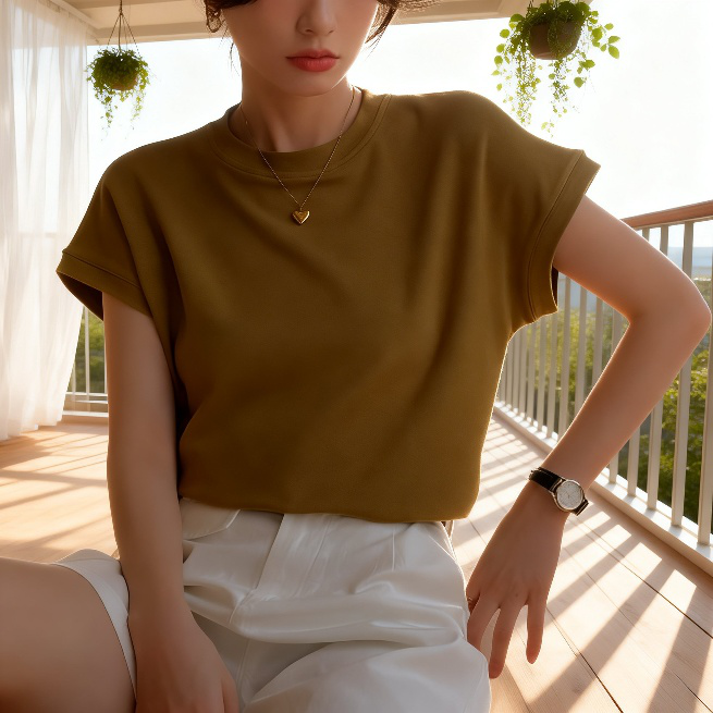 ゆったりシルエットのバットウィングスリーブTシャツ