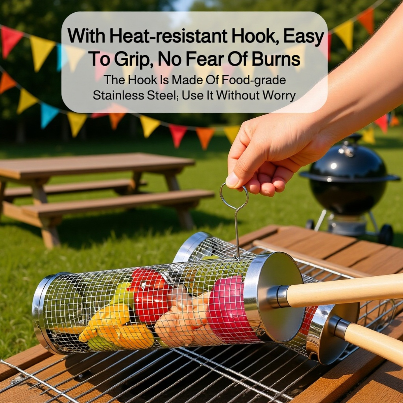 Portable Outdoor BBQ Basket, Rotating Cylinder BBQ Grill, Upgraded Wooden Handle Design