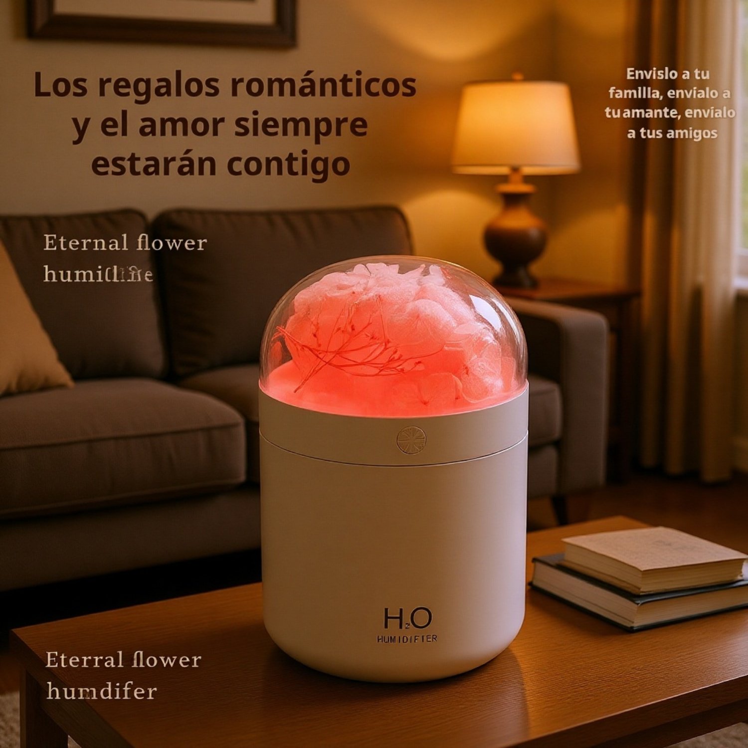 Mini humidificador para oficina y hogar con flor eterna y luz ambiental de siete colores