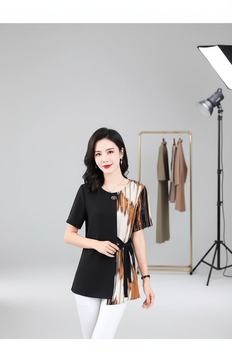 女性用ミドル丈パッチワークスリムトップス正面画像