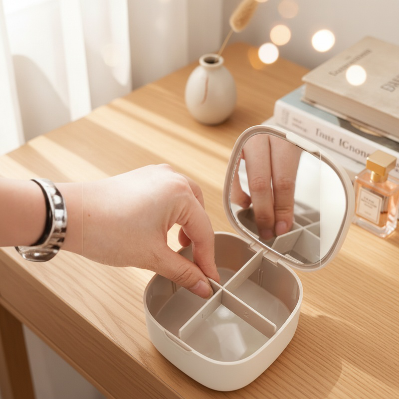 Travel-friendly lipstick and jewelry case on dressing table
