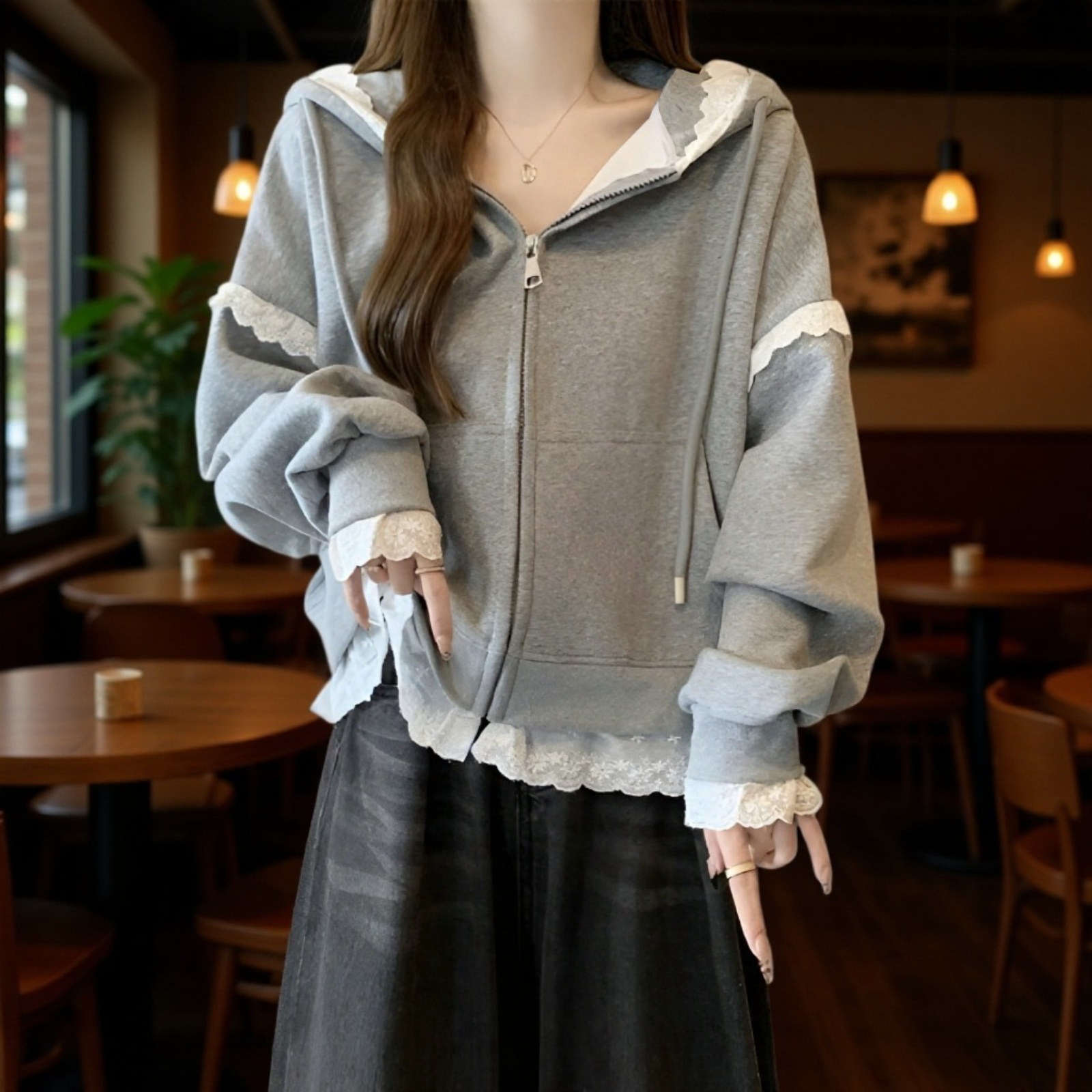 新作レースフード付きジップアップパーカーぽっちゃり体型カバー上着