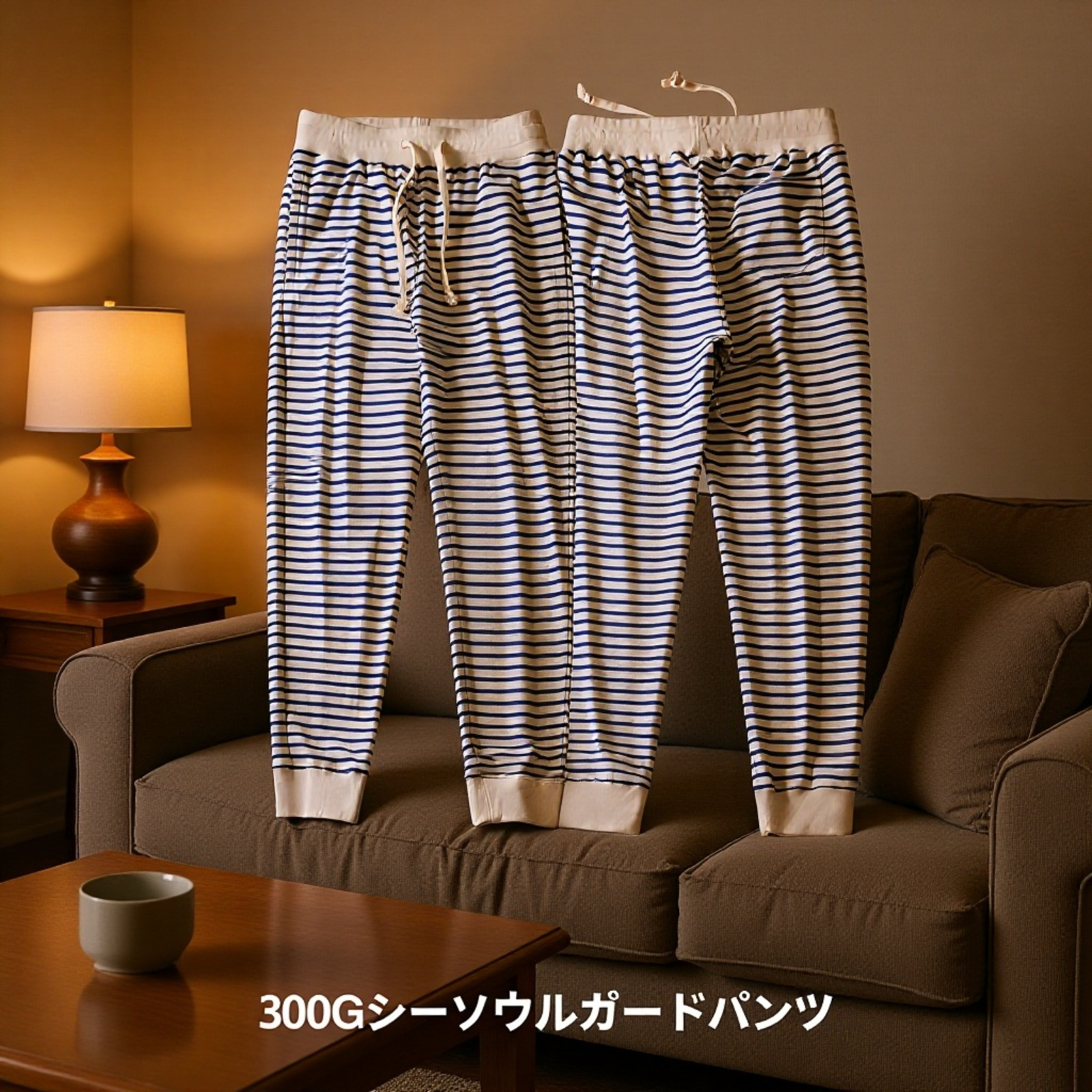 マリンボーダーデザインのジョガーパンツ詳細