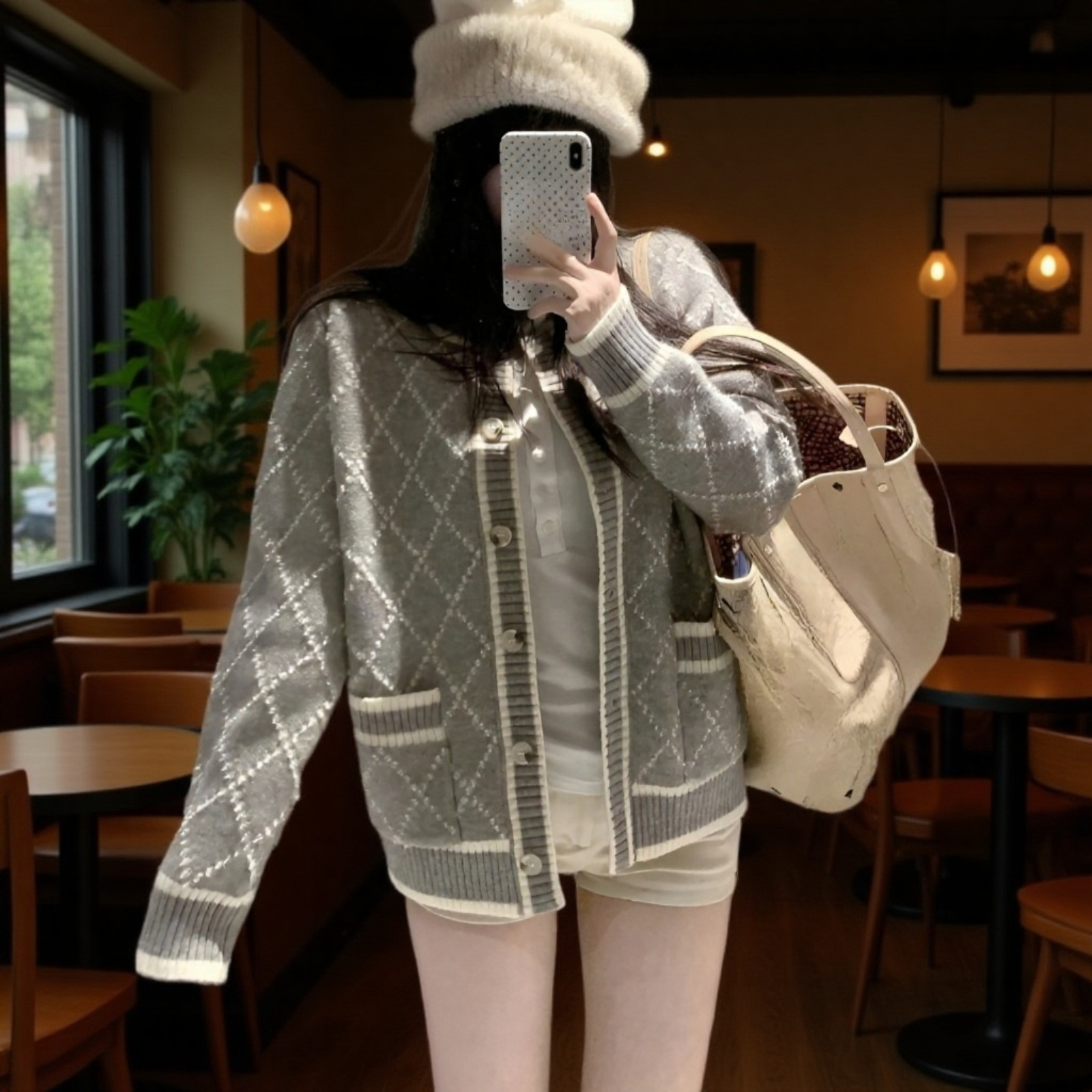 デザイン感のある女性用ニットカーディガン、ゆったりとした小衆スタイル