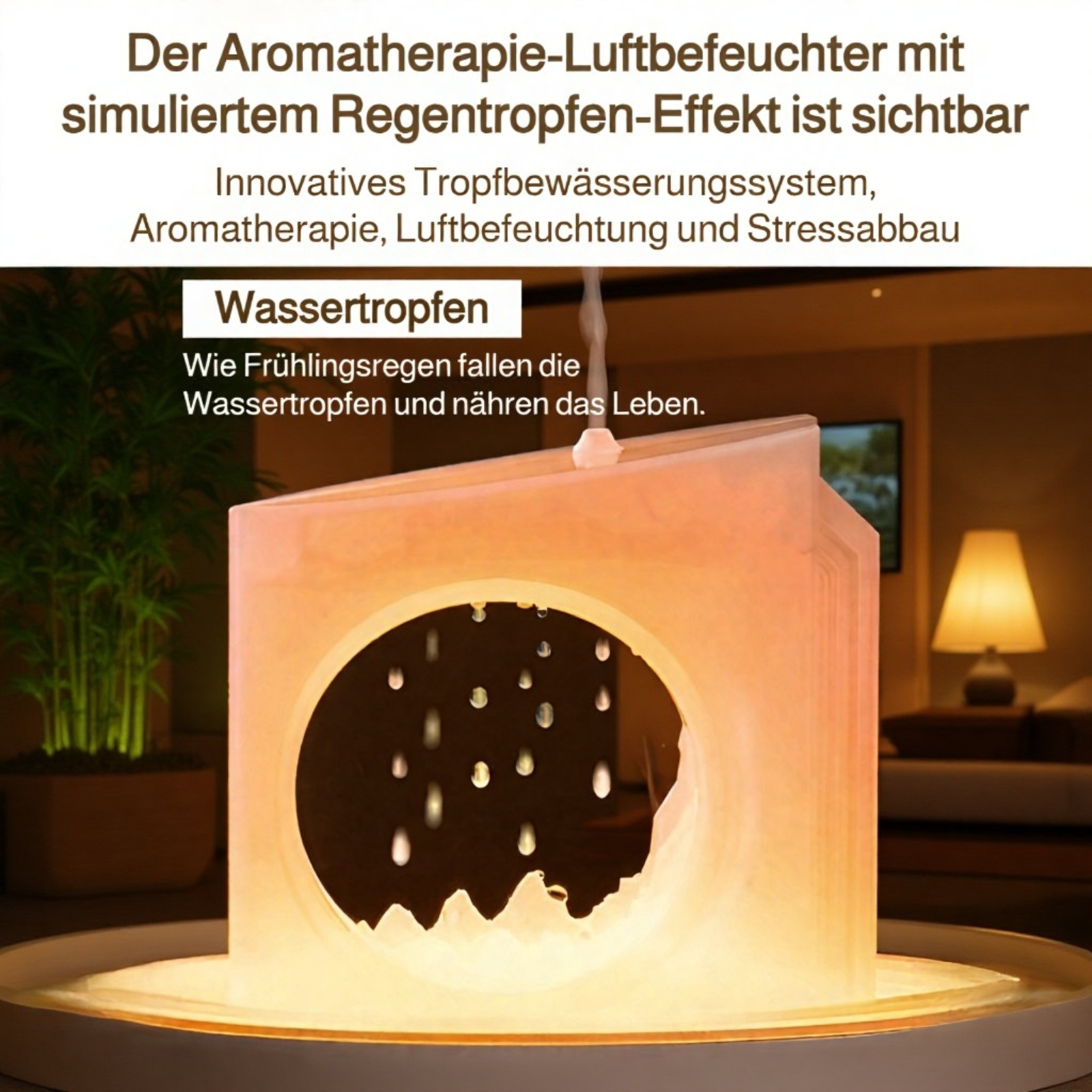 Luftbefeuchter mit Vulkan-Ring-Effekt in Betrieb, erzeugt angenehme Atmosphäre