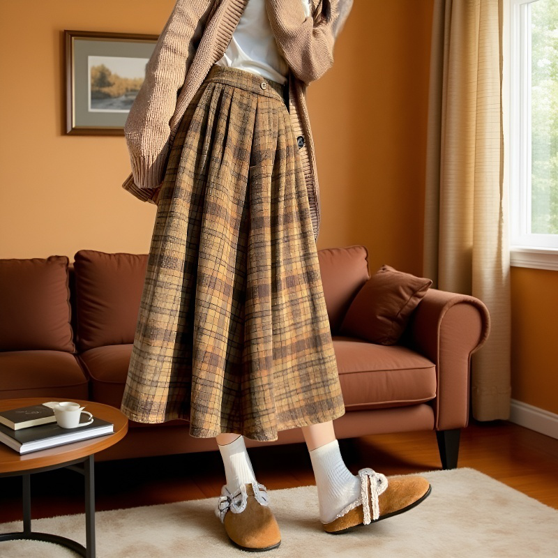 키 작은 가을 겨울 하이웨스트 모직 스커트 미디 체크 우산 스커트