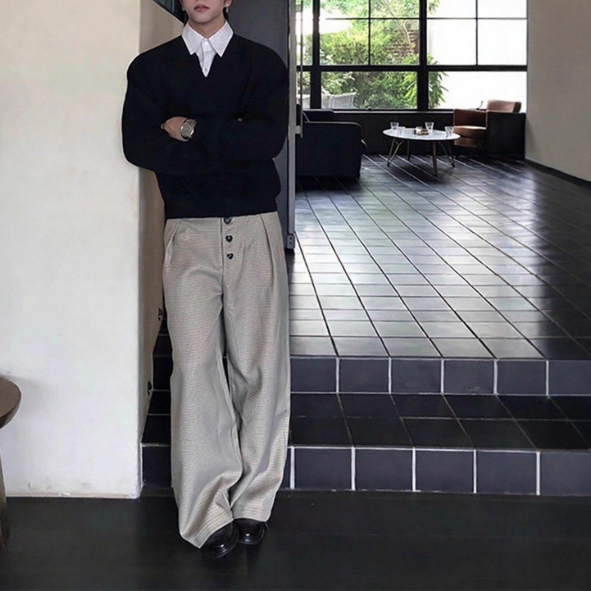 黑色假两件衬衫领卫衣男秋冬cleanfit高级感学院风长袖polo衫上衣