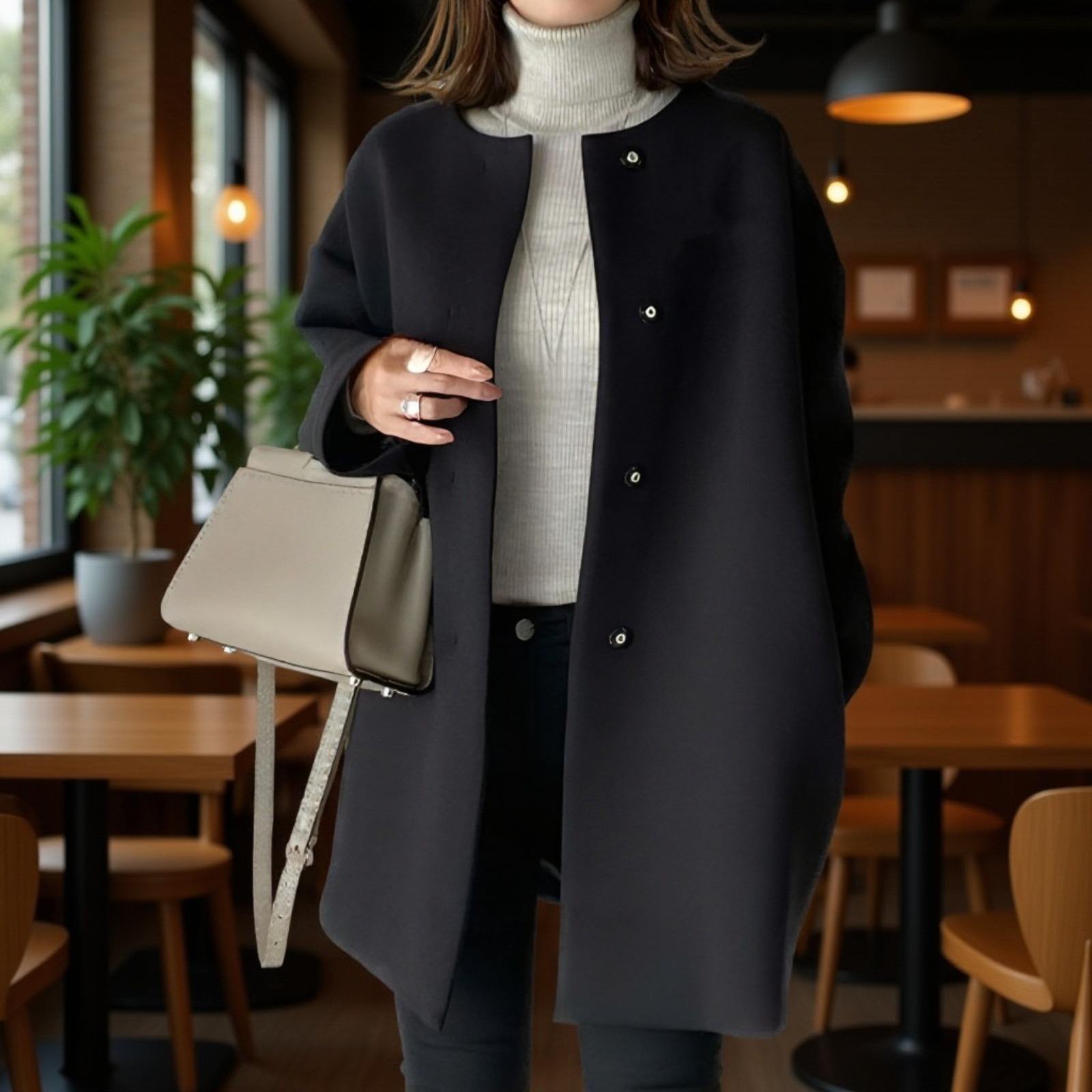 프리미엄 여성 가을 겨울 솔리드 코트 루즈핏 일자 상의 모직 코트 무드 코트