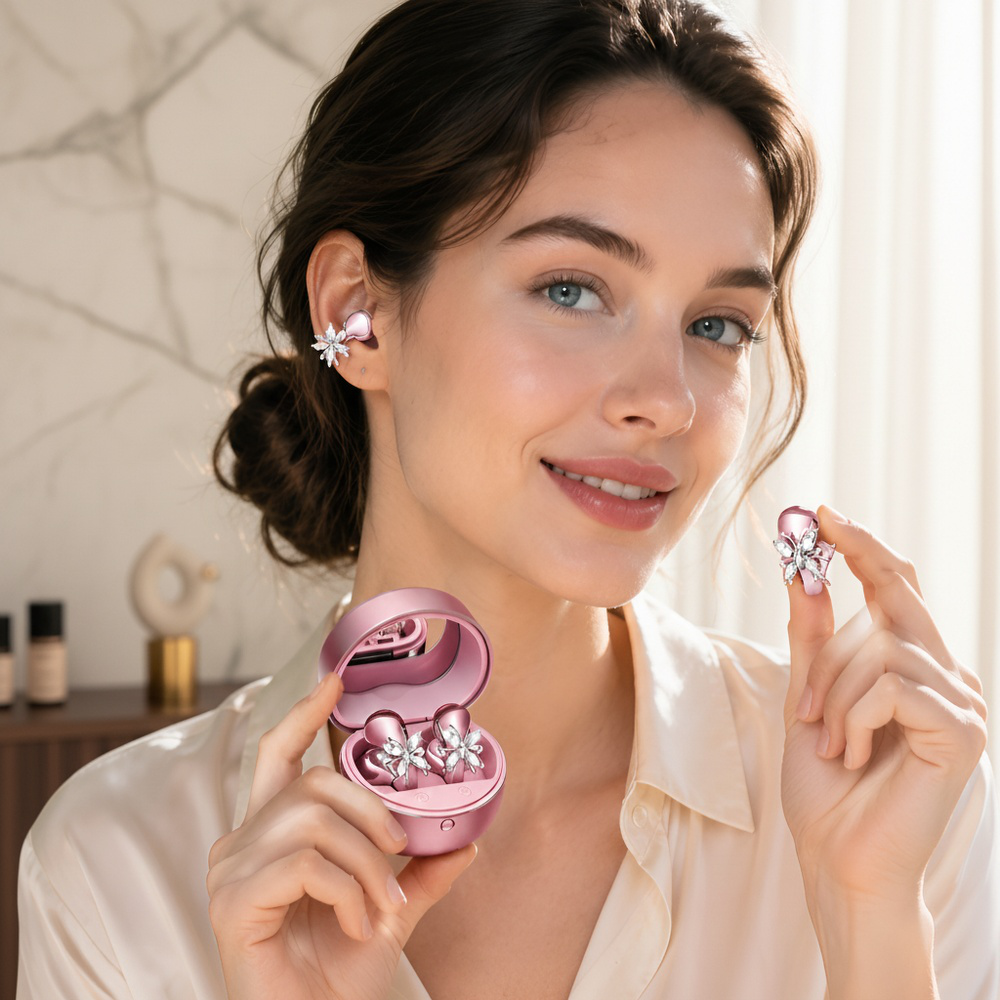 High-value wireless Bluetooth earbuds with butterfly ear clips, heart-shaped charging case, and make